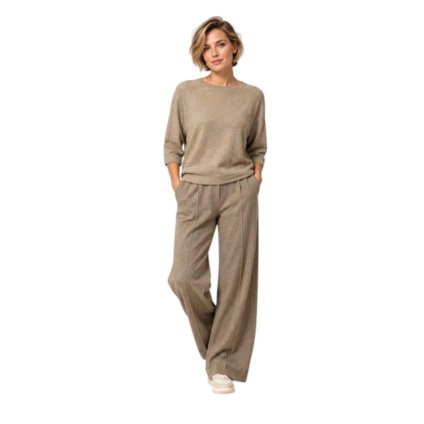 Hemisphere maglione donna taupe — vista frontale su modella